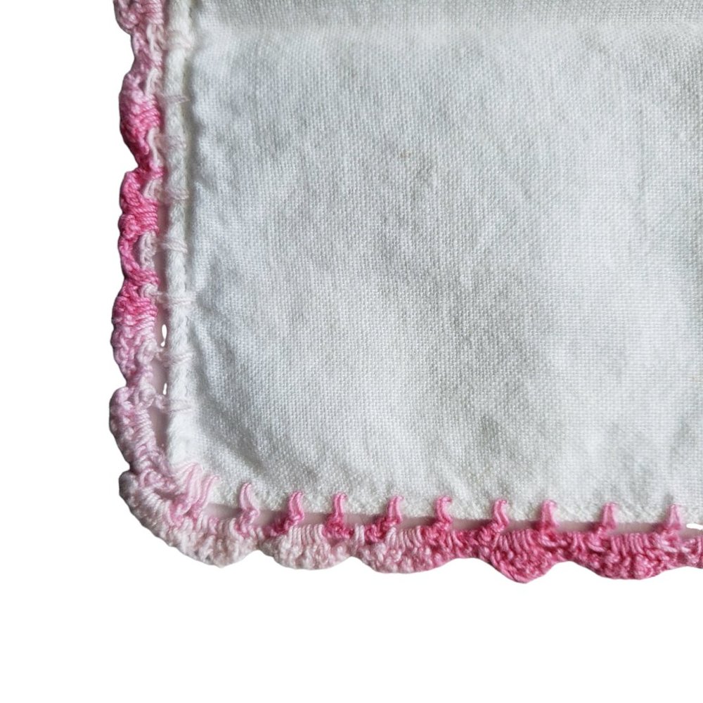 Vtg Ladies Handkerchief /Hankies White linen Pink Crochet Lace trim